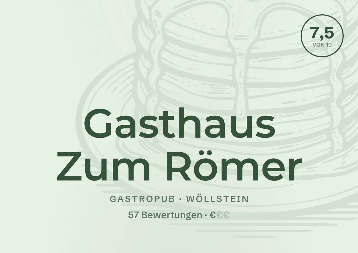 Illustriertes Poster von Gasthaus Zum Römer, Gastropub in Wöllstein: Bewertung 7,5 von 10 aus 57 Bewertungen, Preisniveau €