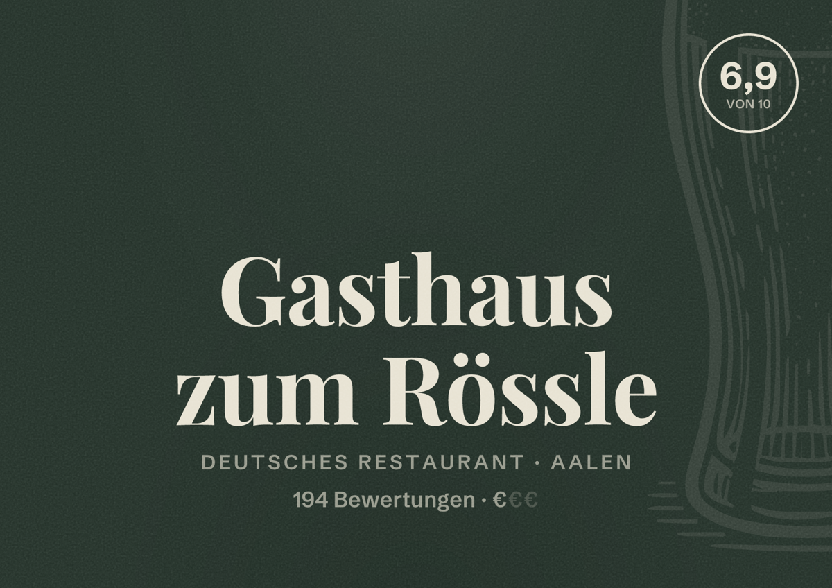 Illustriertes Poster von Gasthaus zum Rössle, Deutsches Restaurant in Aalen: Bewertung 6,9 von 10 aus 194 Bewertungen, Preisniveau €