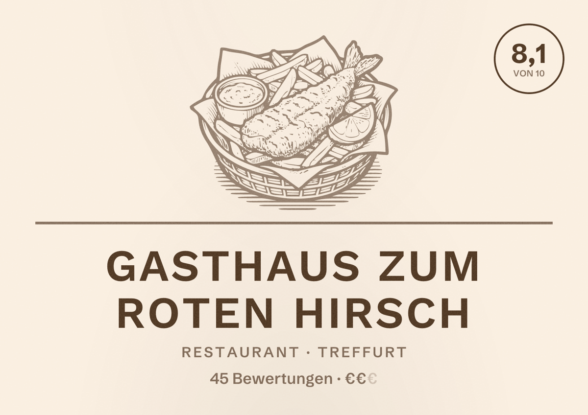 Illustriertes Poster von Gasthaus zum Roten Hirsch, Restaurant in Treffurt: Bewertung 8,1 von 10 aus 45 Bewertungen, Preisniveau €€