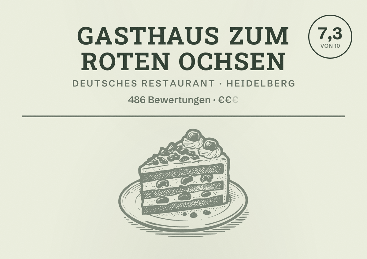 Illustriertes Poster von Gasthaus Zum Roten Ochsen, Deutsches Restaurant in Heidelberg: Bewertung 7,3 von 10 aus 486 Bewertungen, Preisniveau €€