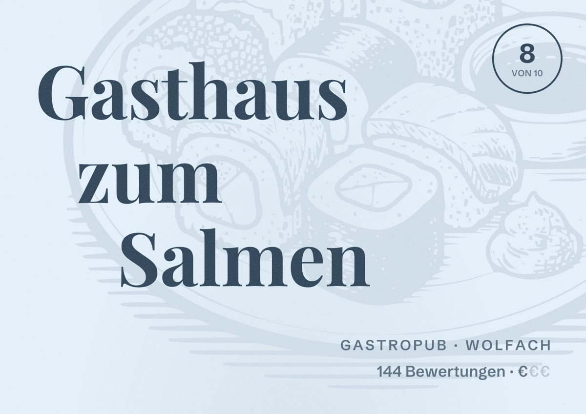 Illustriertes Poster von Gasthaus zum Salmen, Gastropub in Wolfach: Bewertung 8 von 10 aus 144 Bewertungen, Preisniveau €