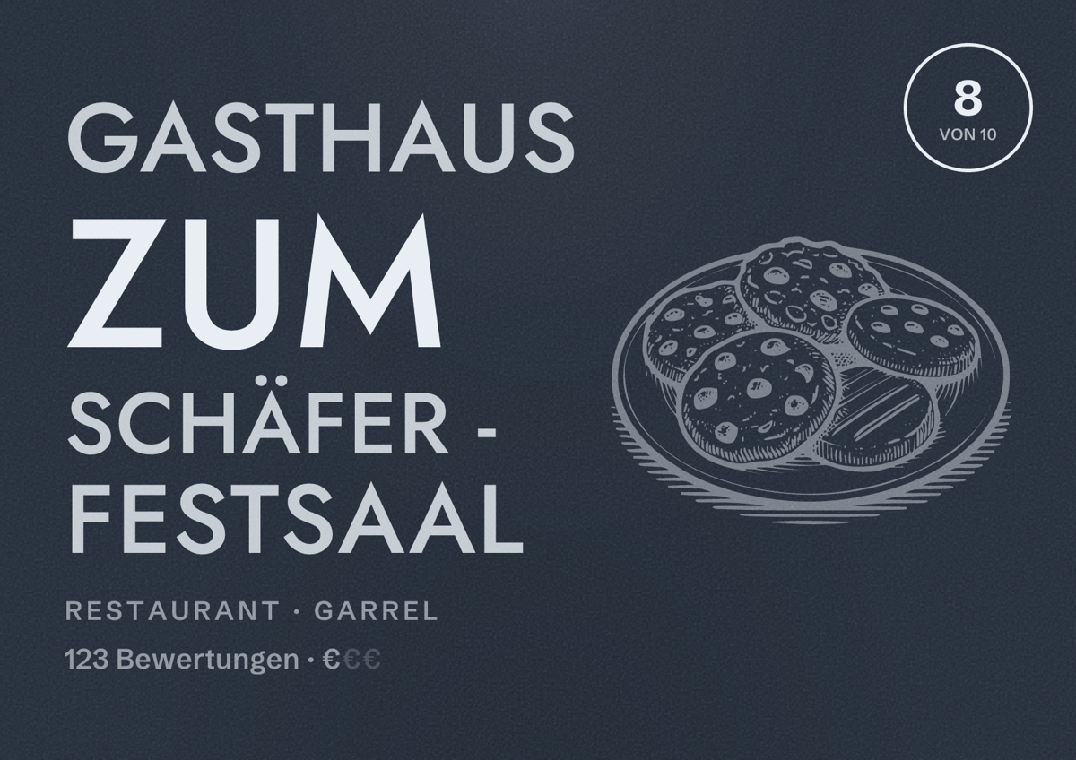 Illustriertes Poster von Gasthaus zum Schäfer - Festsaal, Restaurant in Garrel: Bewertung 8 von 10 aus 123 Bewertungen, Preisniveau €