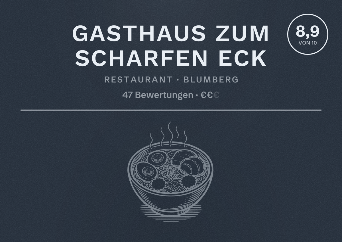 Illustriertes Poster von Gasthaus Zum Scharfen Eck, Restaurant in Blumberg: Bewertung 8,9 von 10 aus 47 Bewertungen, Preisniveau €€
