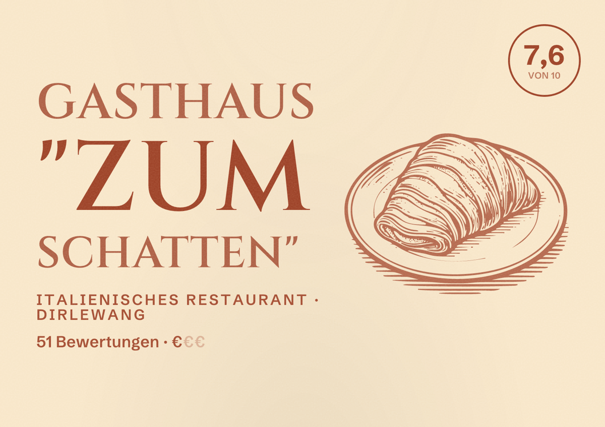 Illustriertes Poster von Gasthaus "zum Schatten", Italienisches Restaurant in Dirlewang: Bewertung 7,6 von 10 aus 51 Bewertungen, Preisniveau €