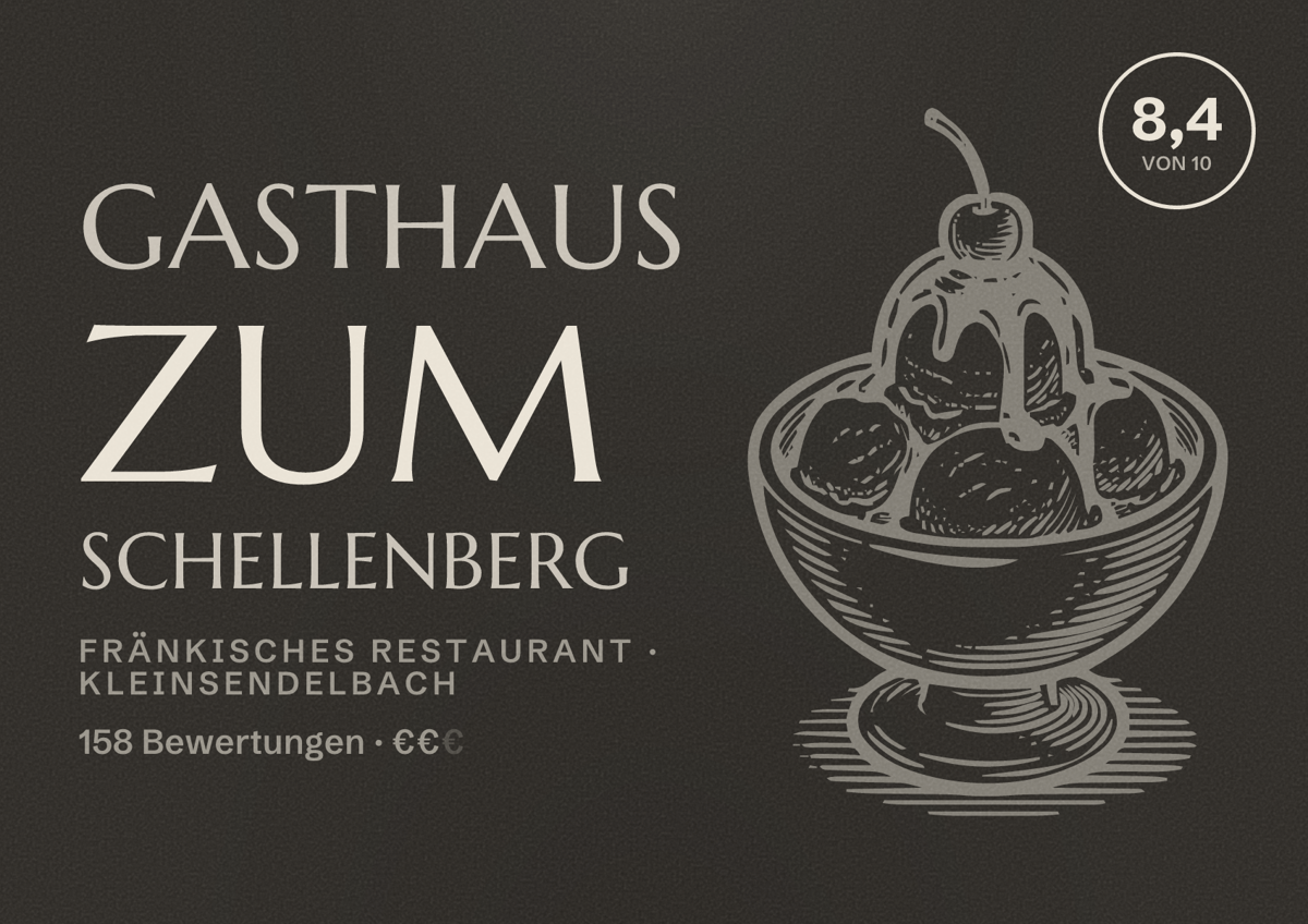Illustriertes Poster von Gasthaus zum Schellenberg, Fränkisches Restaurant in Kleinsendelbach: Bewertung 8,4 von 10 aus 158 Bewertungen, Preisniveau €€