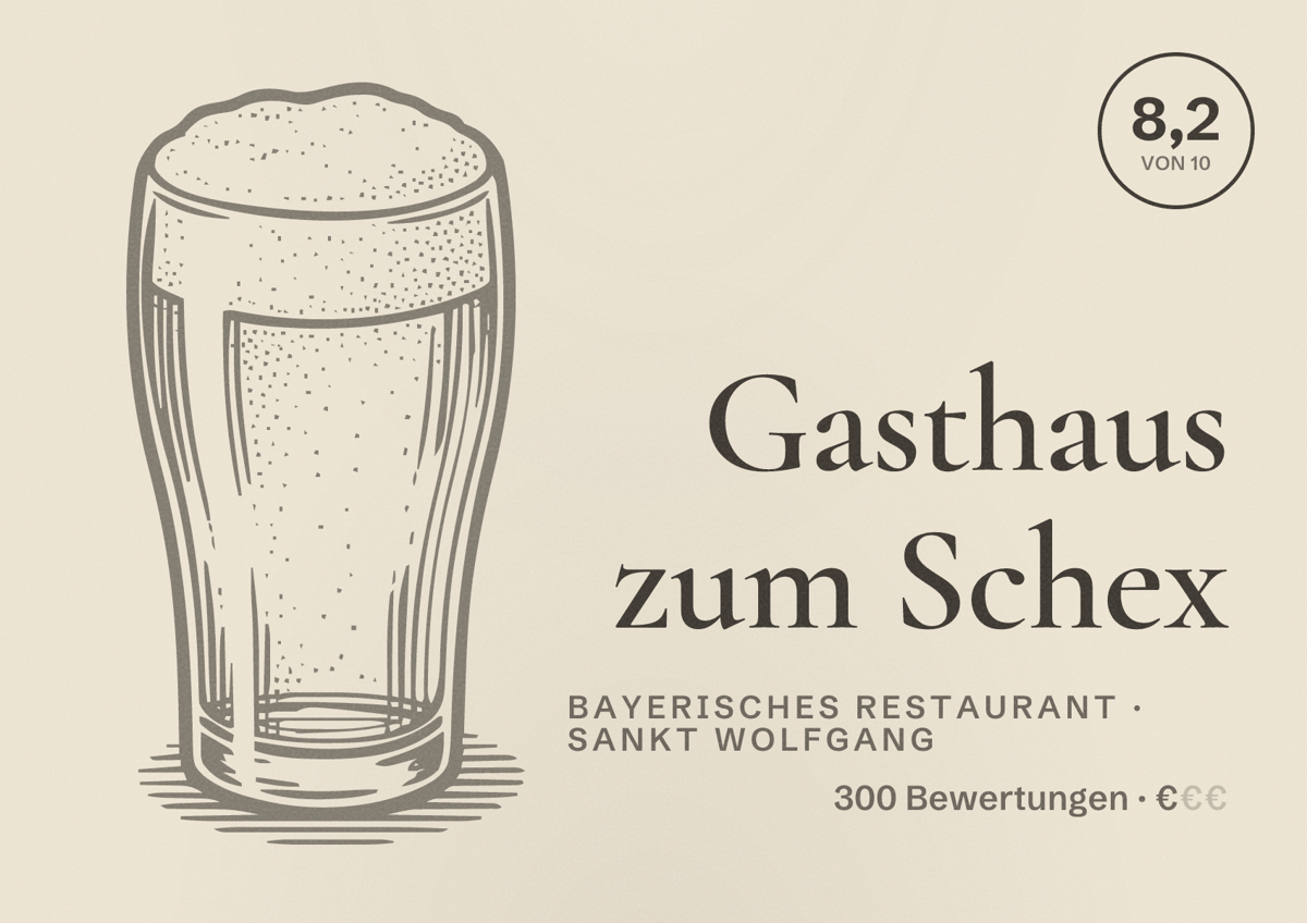 Illustriertes Poster von Gasthaus zum Schex, Bayerisches Restaurant in Sankt Wolfgang: Bewertung 8,2 von 10 aus 300 Bewertungen, Preisniveau €