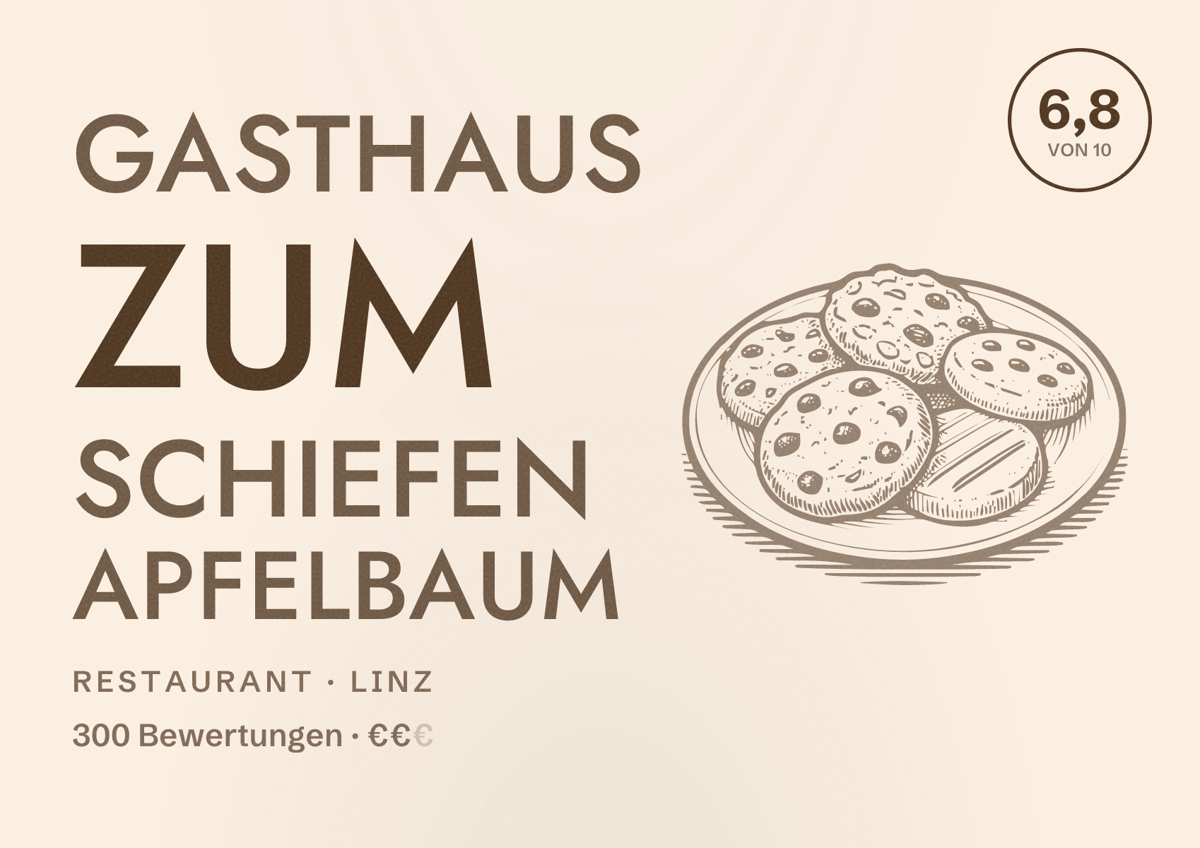 Illustriertes Poster von Gasthaus zum Schiefen Apfelbaum, Restaurant in Linz: Bewertung 6,8 von 10 aus 300 Bewertungen, Preisniveau €€
