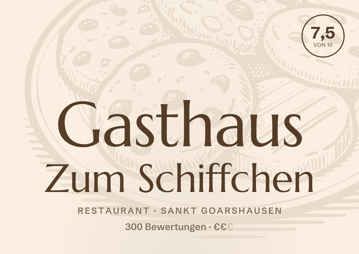 Illustriertes Poster von Gasthaus Zum Schiffchen, Restaurant in Sankt Goarshausen: Bewertung 7,5 von 10 aus 300 Bewertungen, Preisniveau €€