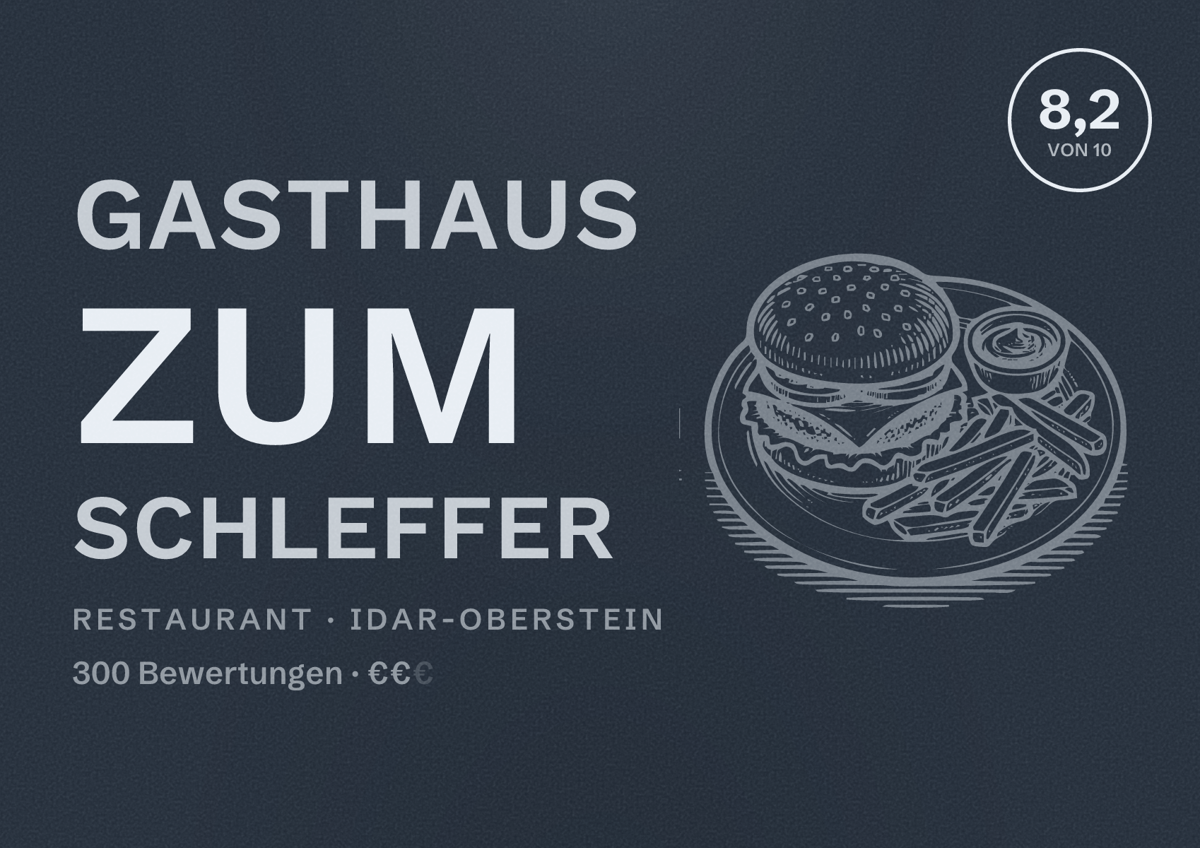 Illustriertes Poster von Gasthaus zum Schleffer, Restaurant in Idar-Oberstein: Bewertung 8,2 von 10 aus 300 Bewertungen, Preisniveau €€