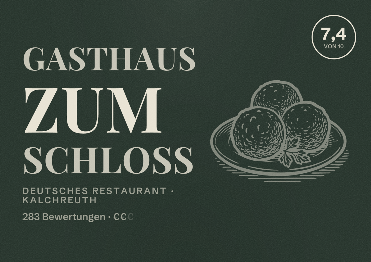 Illustriertes Poster von Gasthaus zum Schloss, Deutsches Restaurant in Kalchreuth: Bewertung 7,4 von 10 aus 283 Bewertungen, Preisniveau €€