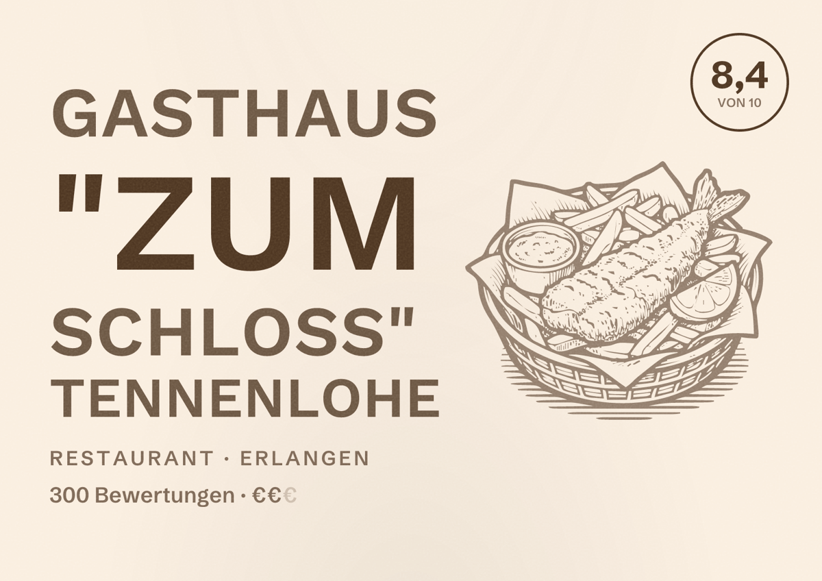 Illustriertes Poster von Gasthaus "Zum Schloss" Tennenlohe, Restaurant in Erlangen: Bewertung 8,4 von 10 aus 300 Bewertungen, Preisniveau €€