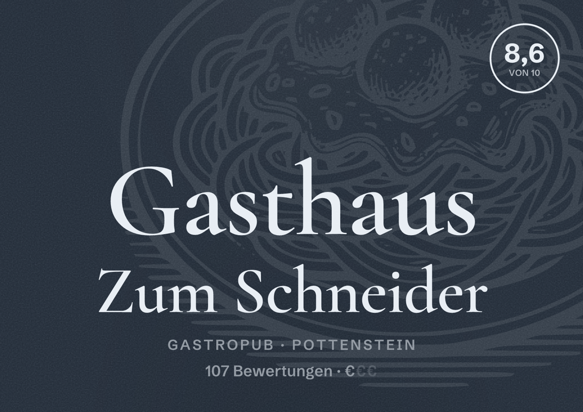 Illustriertes Poster von Gasthaus Zum Schneider, Gastropub in Pottenstein: Bewertung 8,6 von 10 aus 107 Bewertungen, Preisniveau €