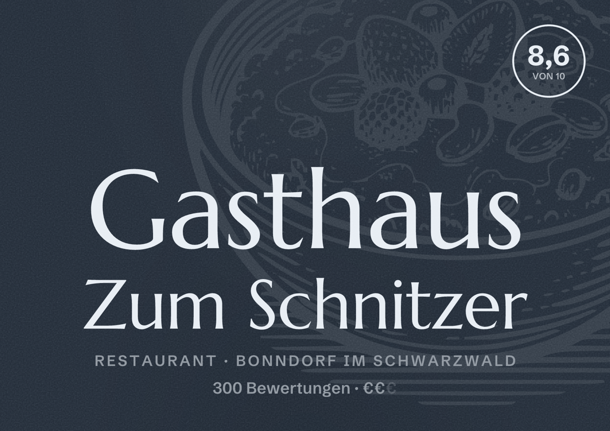 Illustriertes Poster von Gasthaus Zum Schnitzer, Restaurant in Bonndorf im Schwarzwald: Bewertung 8,6 von 10 aus 300 Bewertungen, Preisniveau €€