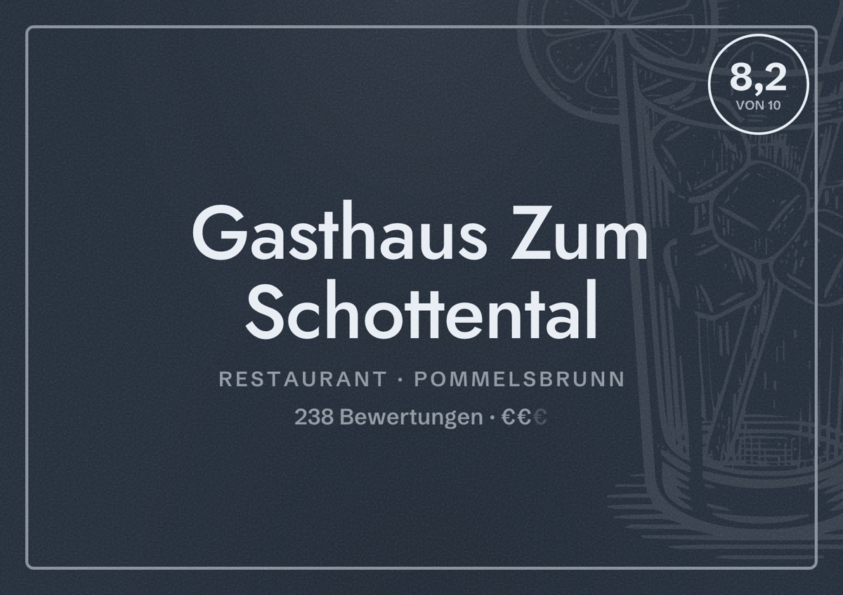 Illustriertes Poster von Gasthaus Zum Schottental, Restaurant in Pommelsbrunn: Bewertung 8,2 von 10 aus 238 Bewertungen, Preisniveau €€