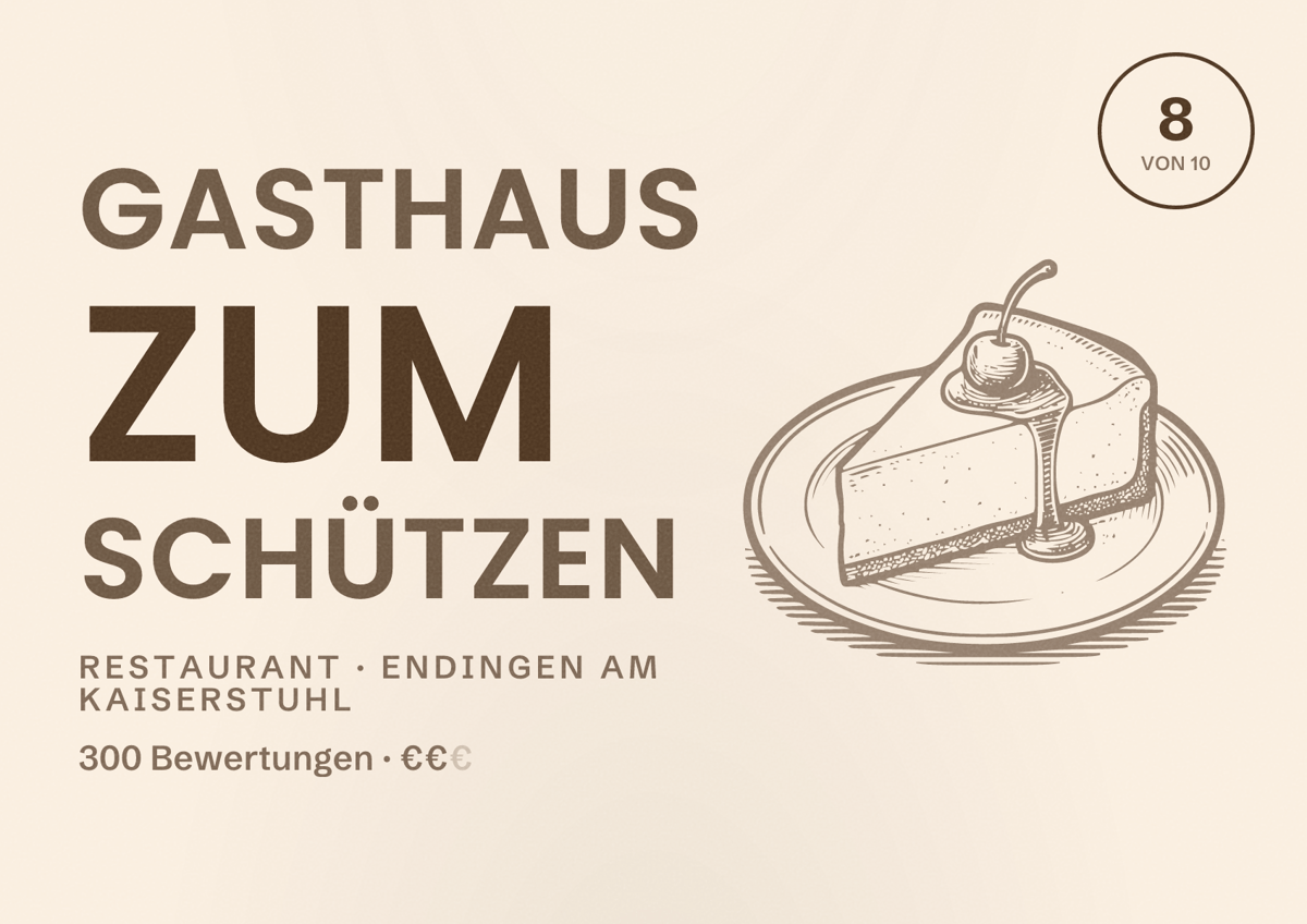 Illustriertes Poster von Gasthaus zum Schützen, Restaurant in Endingen am Kaiserstuhl: Bewertung 8 von 10 aus 300 Bewertungen, Preisniveau €€