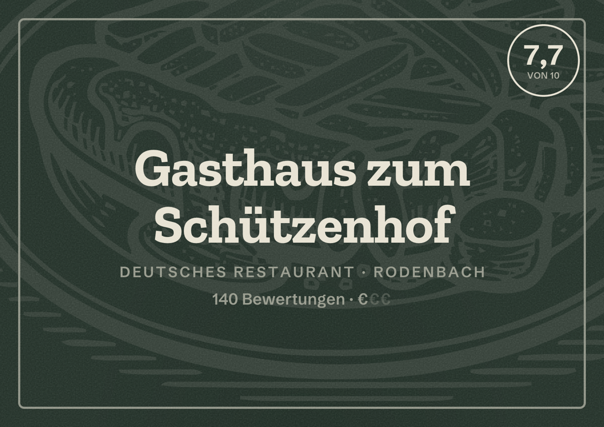 Illustriertes Poster von Gasthaus zum Schützenhof, Deutsches Restaurant in Rodenbach: Bewertung 7,7 von 10 aus 140 Bewertungen, Preisniveau €