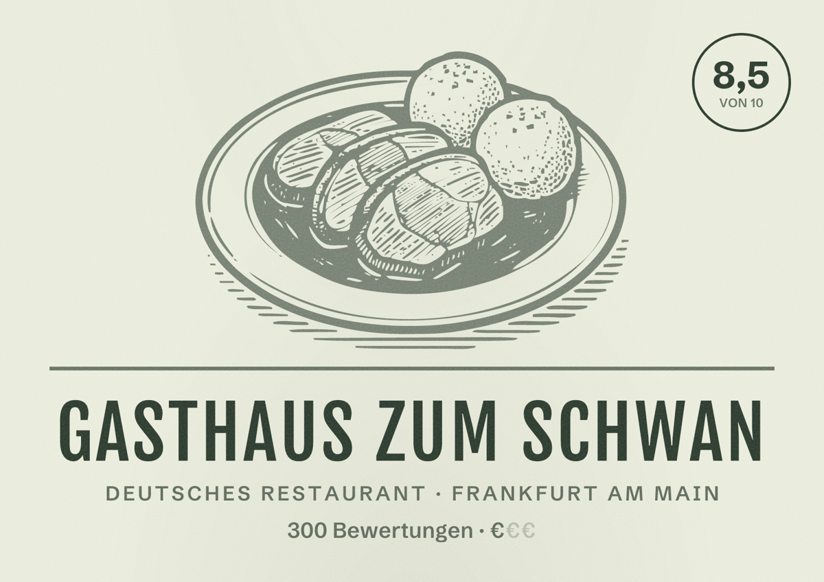 Illustriertes Poster von Gasthaus Zum Schwan, Deutsches Restaurant in Frankfurt am Main: Bewertung 8,5 von 10 aus 300 Bewertungen, Preisniveau €