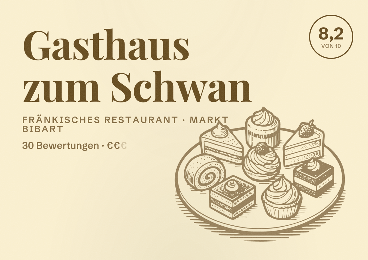 Illustriertes Poster von Gasthaus zum Schwan, Fränkisches Restaurant in Markt Bibart: Bewertung 8,2 von 10 aus 30 Bewertungen, Preisniveau €€