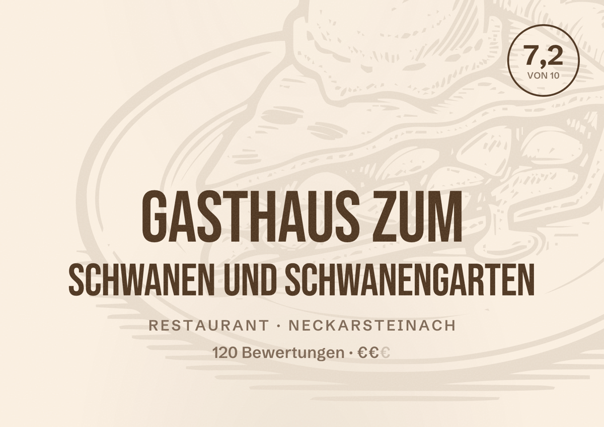 Illustriertes Poster von Gasthaus zum Schwanen und Schwanengarten, Restaurant in Neckarsteinach: Bewertung 7,2 von 10 aus 120 Bewertungen, Preisniveau €€