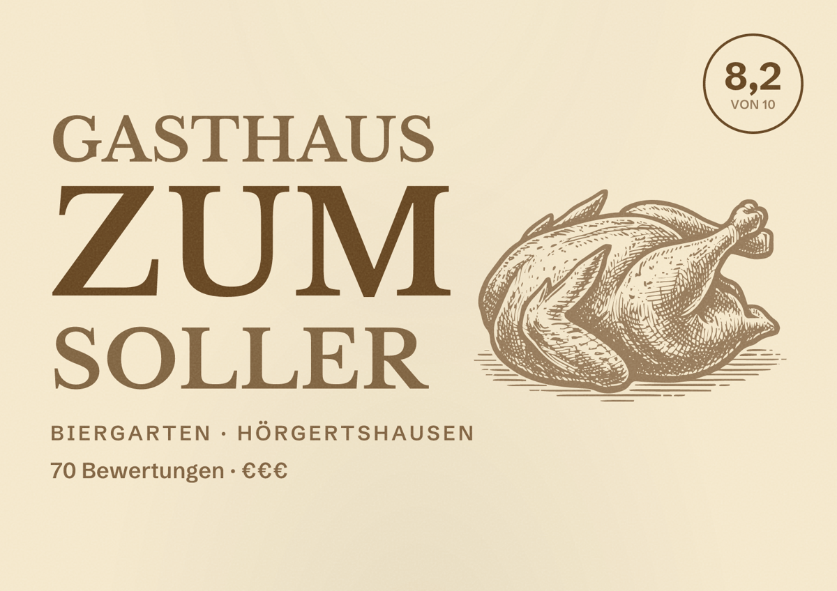 Illustriertes Poster von Gasthaus zum Soller, Biergarten in Hörgertshausen: Bewertung 8,2 von 10 aus 70 Bewertungen, Preisniveau €€€
