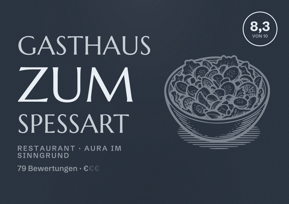 Illustriertes Poster von Gasthaus Zum Spessart, Restaurant in Aura im Sinngrund: Bewertung 8,3 von 10 aus 79 Bewertungen, Preisniveau €