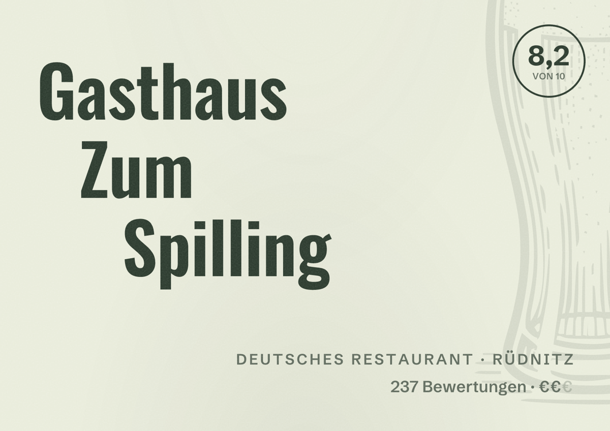 Illustriertes Poster von Gasthaus Zum Spilling, Deutsches Restaurant in Rüdnitz: Bewertung 8,2 von 10 aus 237 Bewertungen, Preisniveau €€