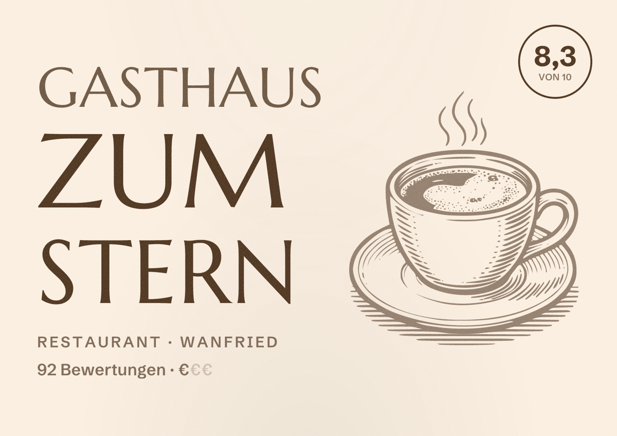 Illustriertes Poster von Gasthaus Zum Stern, Restaurant in Wanfried: Bewertung 8,3 von 10 aus 92 Bewertungen, Preisniveau €