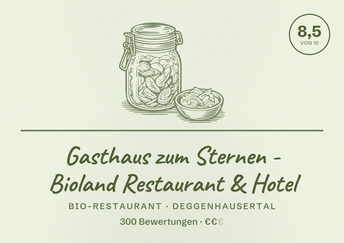 Illustriertes Poster von Gasthaus zum Sternen - Bioland Restaurant & Hotel, Bio-Restaurant in Deggenhausertal: Bewertung 8,5 von 10 aus 300 Bewertungen, Preisniveau €€