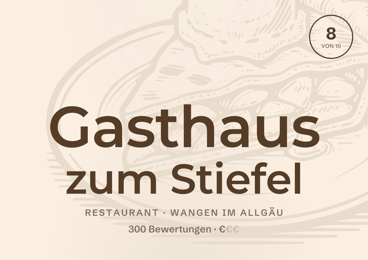 Illustriertes Poster von Gasthaus zum Stiefel, Restaurant in Wangen im Allgäu: Bewertung 8 von 10 aus 300 Bewertungen, Preisniveau €