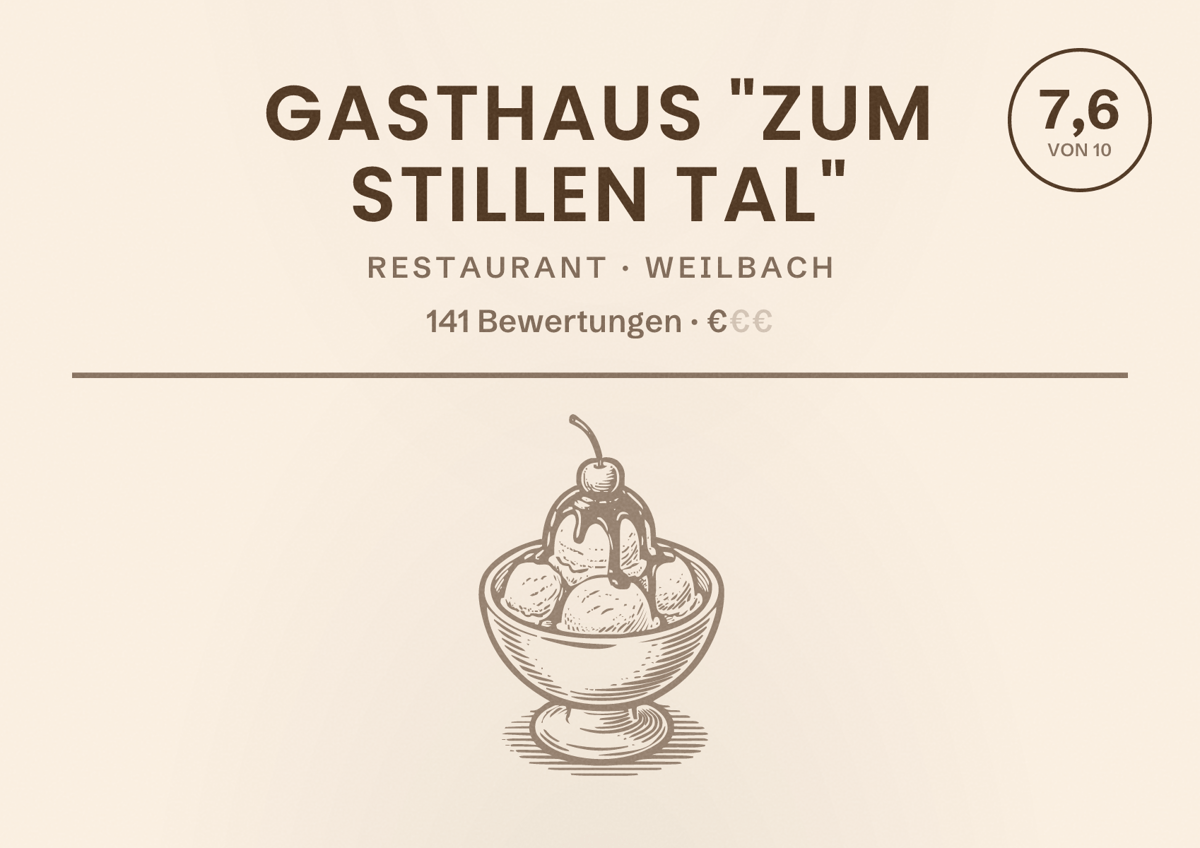 Illustriertes Poster von Gasthaus "Zum stillen Tal", Restaurant in Weilbach: Bewertung 7,6 von 10 aus 141 Bewertungen, Preisniveau €