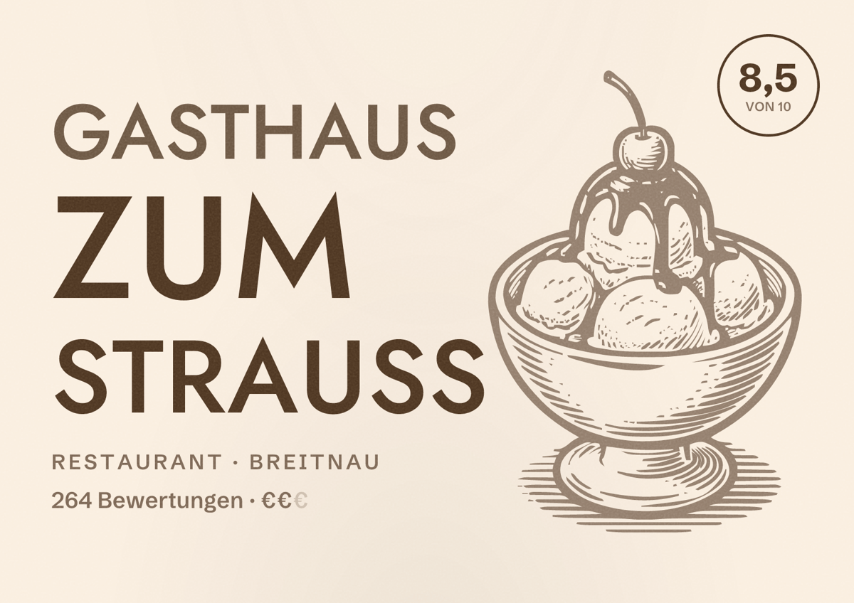 Illustriertes Poster von Gasthaus zum Strauß, Restaurant in Breitnau: Bewertung 8,5 von 10 aus 264 Bewertungen, Preisniveau €€