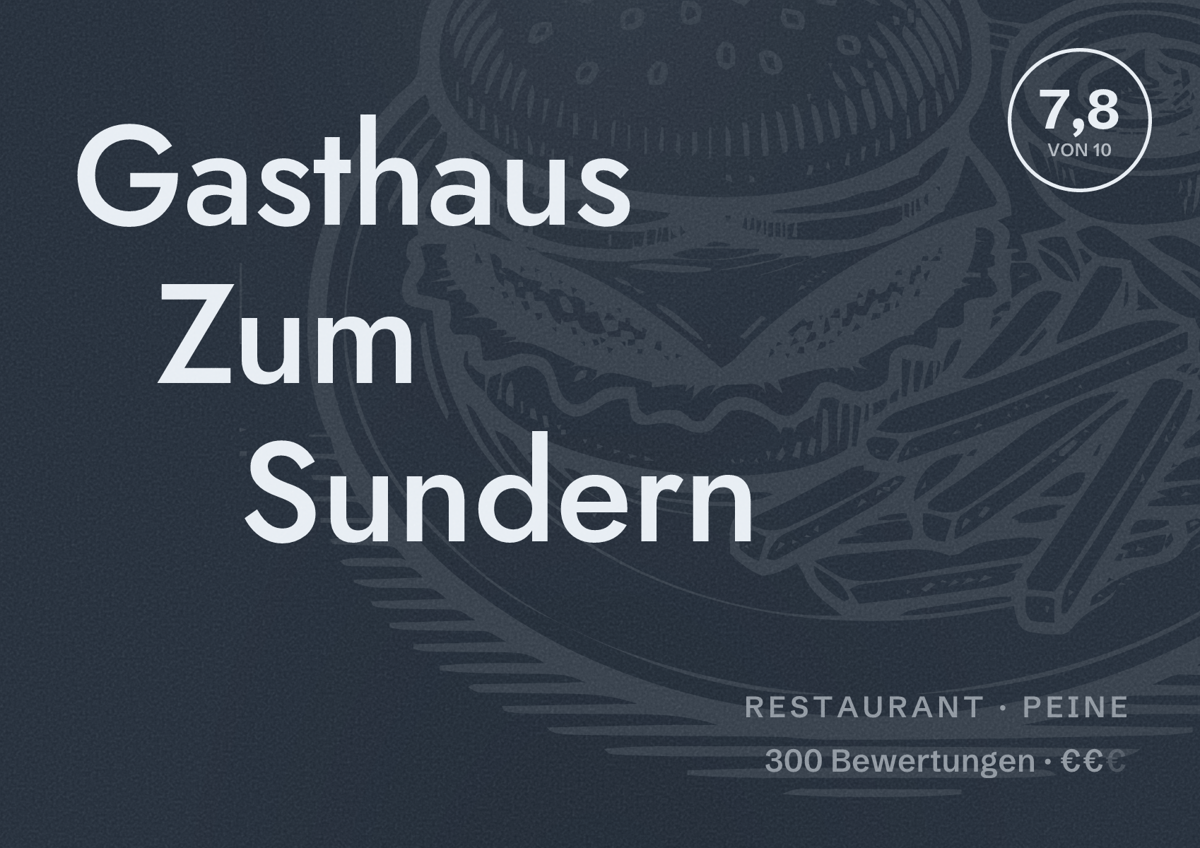 Illustriertes Poster von Gasthaus Zum Sundern, Restaurant in Peine: Bewertung 7,8 von 10 aus 300 Bewertungen, Preisniveau €€