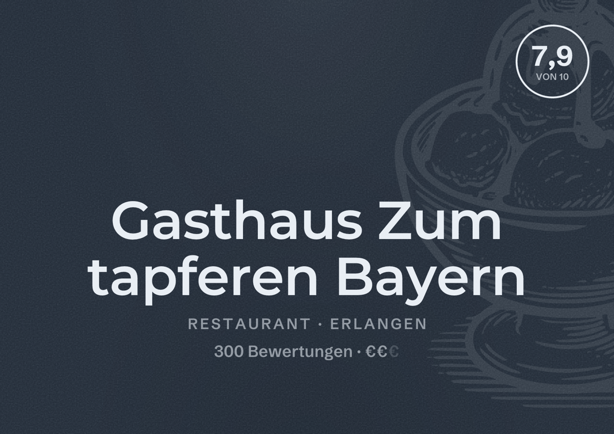Illustriertes Poster von Gasthaus Zum tapferen Bayern, Restaurant in Erlangen: Bewertung 7,9 von 10 aus 300 Bewertungen, Preisniveau €€