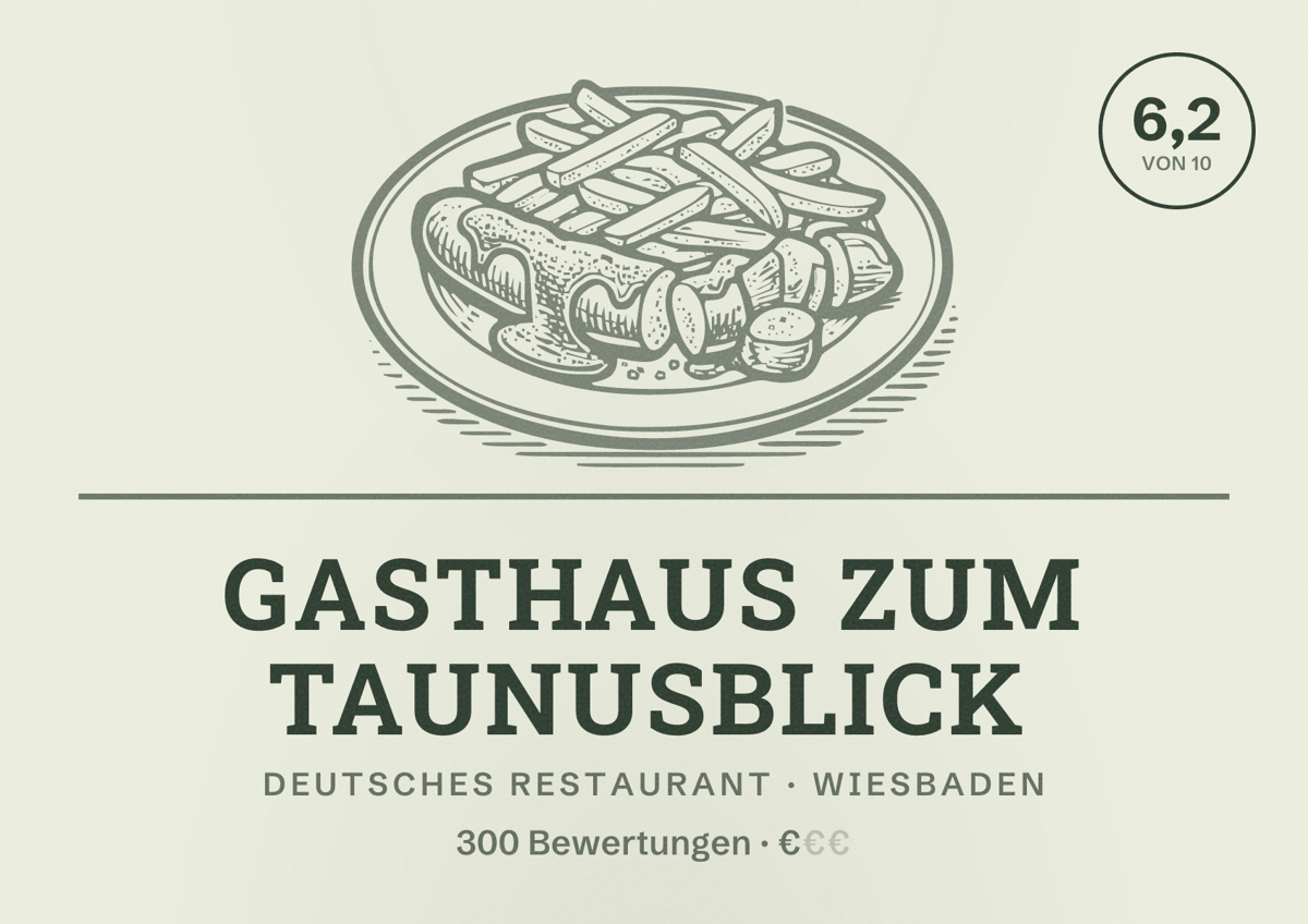 Illustriertes Poster von Gasthaus Zum Taunusblick, Deutsches Restaurant in Wiesbaden: Bewertung 6,2 von 10 aus 300 Bewertungen, Preisniveau €