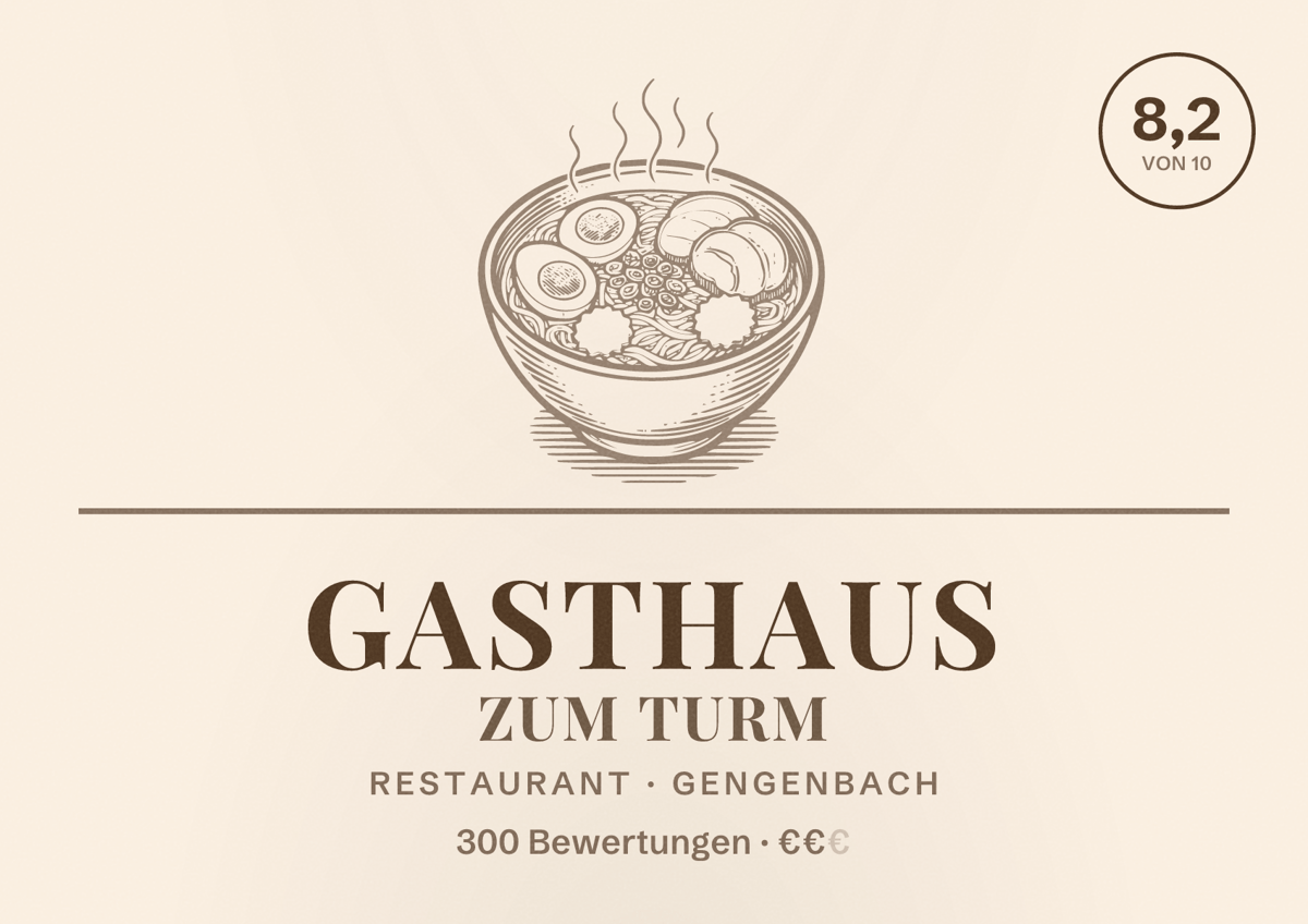Illustriertes Poster von Gasthaus Zum Turm, Restaurant in Gengenbach: Bewertung 8,2 von 10 aus 300 Bewertungen, Preisniveau €€