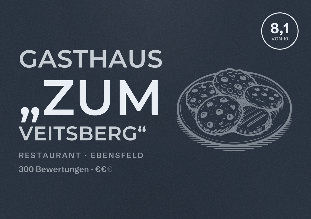 Illustriertes Poster von Gasthaus „zum Veitsberg“, Restaurant in Ebensfeld: Bewertung 8,1 von 10 aus 300 Bewertungen, Preisniveau €€