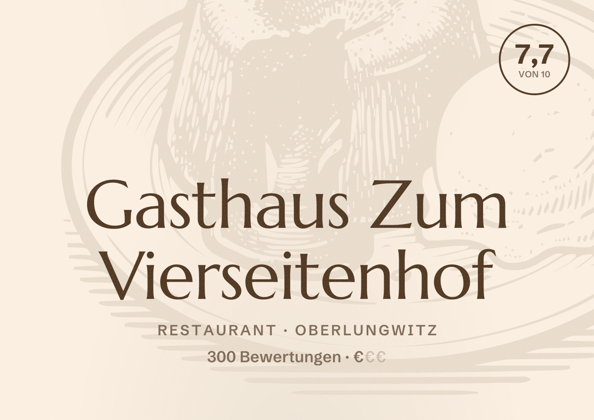 Illustriertes Poster von Gasthaus Zum Vierseitenhof, Restaurant in Oberlungwitz: Bewertung 7,7 von 10 aus 300 Bewertungen, Preisniveau €