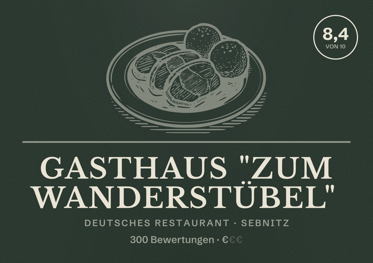 Illustriertes Poster von Gasthaus "Zum Wanderstübel", Deutsches Restaurant in Sebnitz: Bewertung 8,4 von 10 aus 300 Bewertungen, Preisniveau €