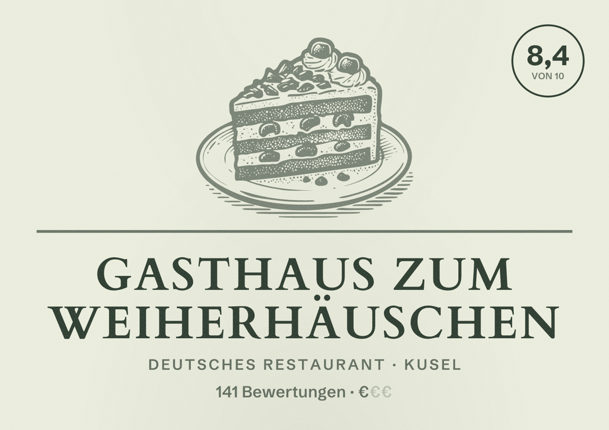 Illustriertes Poster von Gasthaus Zum Weiherhäuschen, Deutsches Restaurant in Kusel: Bewertung 8,4 von 10 aus 141 Bewertungen, Preisniveau €