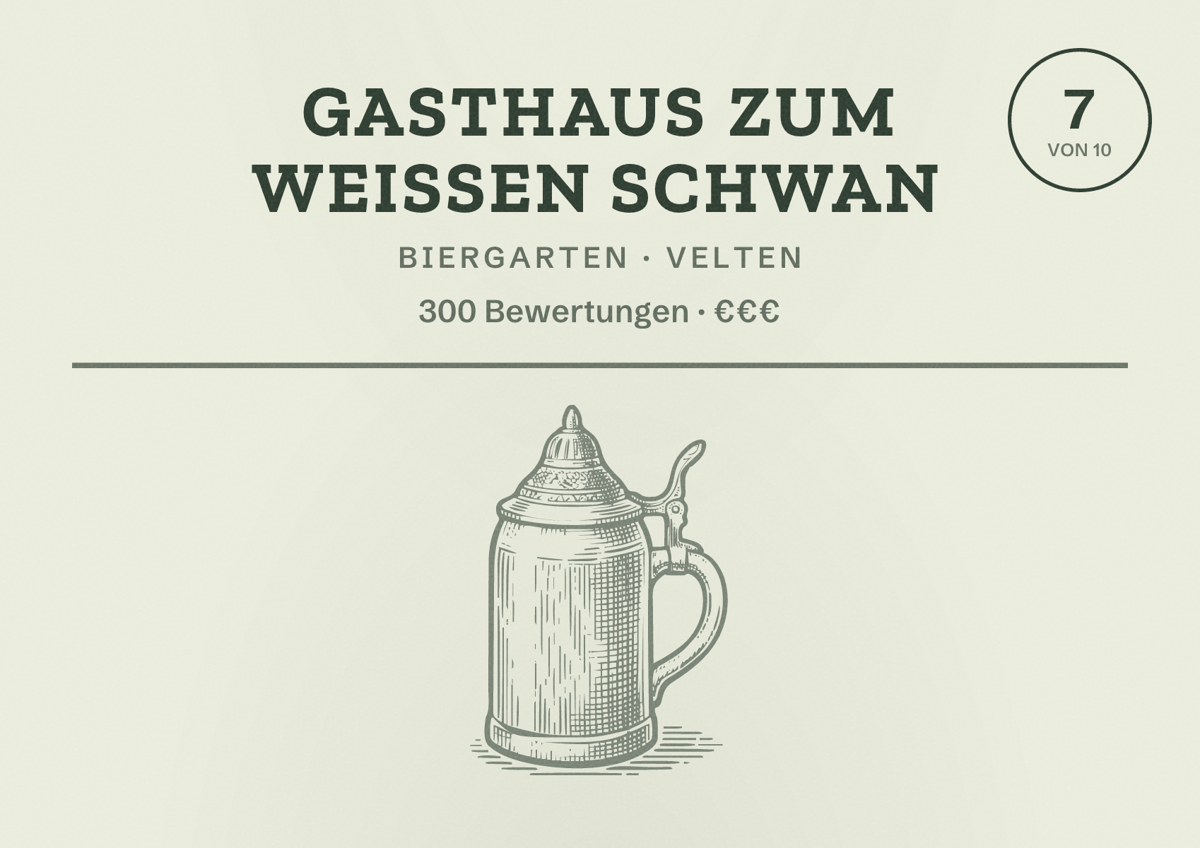 Illustriertes Poster von Gasthaus zum Weissen Schwan, Biergarten in Velten: Bewertung 7 von 10 aus 300 Bewertungen, Preisniveau €€€
