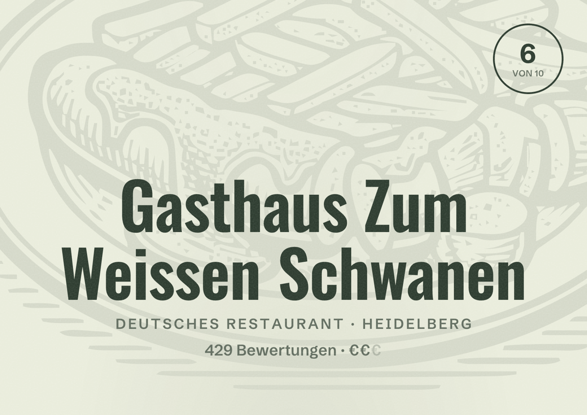 Illustriertes Poster von Gasthaus Zum Weissen Schwanen, Deutsches Restaurant in Heidelberg: Bewertung 6,0 von 10 aus 429 Bewertungen, Preisniveau €€