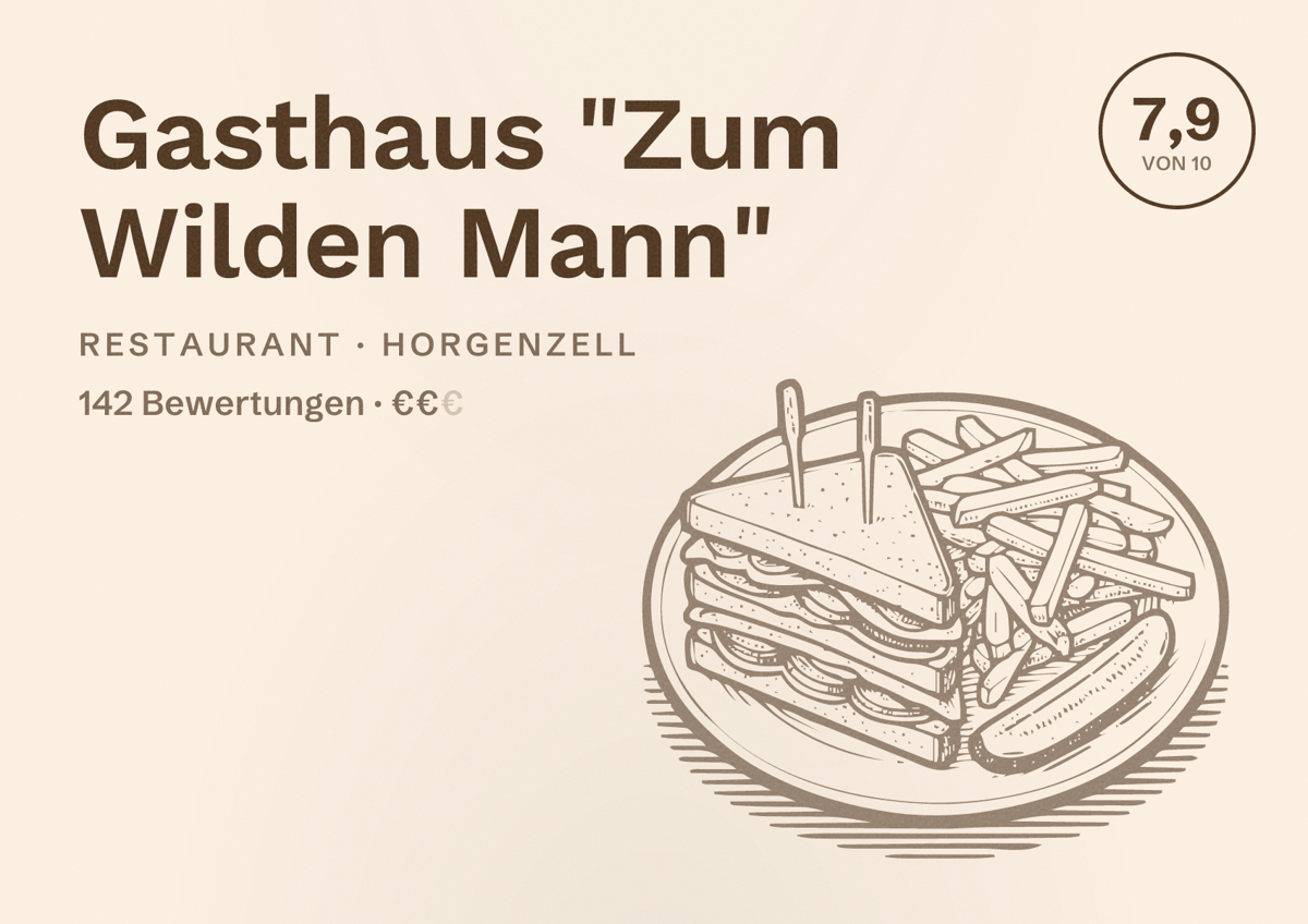 Illustriertes Poster von Gasthaus "Zum Wilden Mann", Restaurant in Horgenzell: Bewertung 7,9 von 10 aus 142 Bewertungen, Preisniveau €€