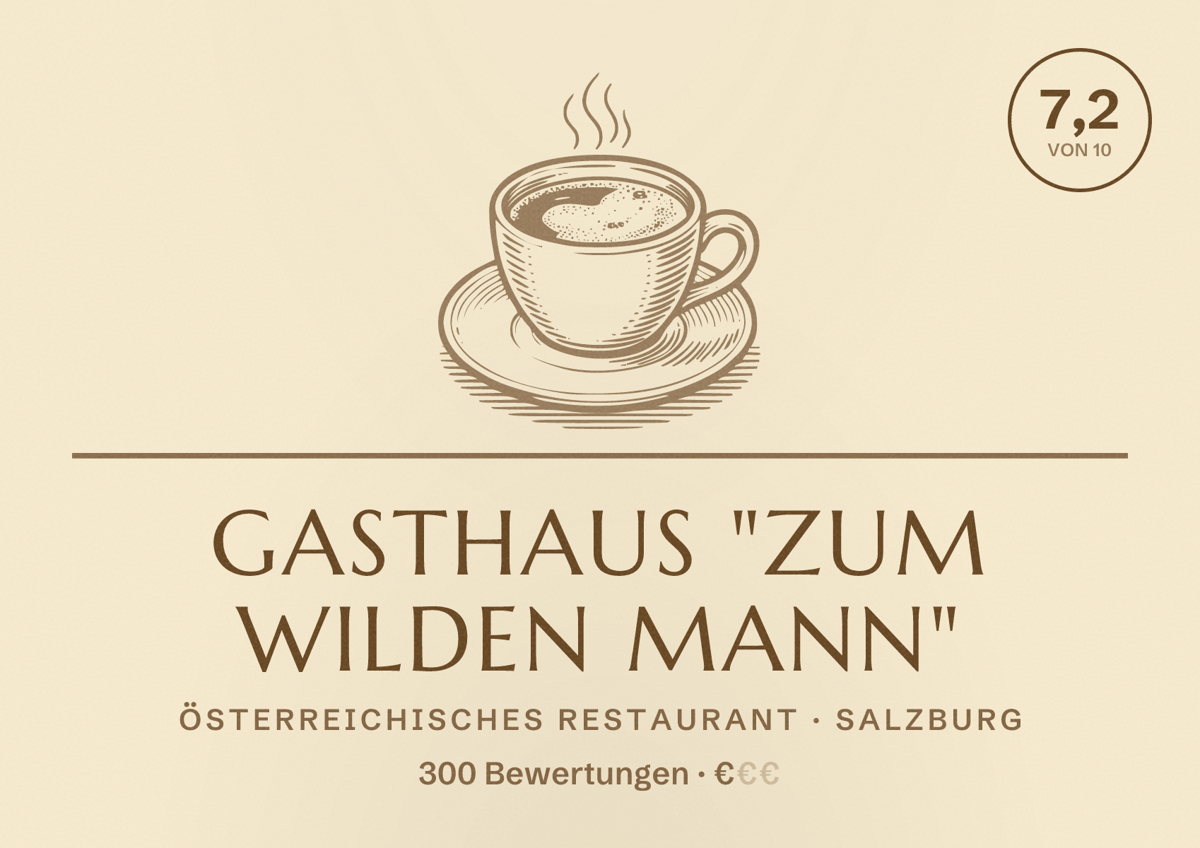Illustriertes Poster von Gasthaus "Zum Wilden Mann", Österreichisches Restaurant in Salzburg: Bewertung 7,2 von 10 aus 300 Bewertungen, Preisniveau €