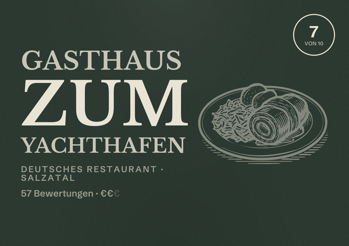Illustriertes Poster von Gasthaus zum Yachthafen, Deutsches Restaurant in Salzatal: Bewertung 7 von 10 aus 57 Bewertungen, Preisniveau €€