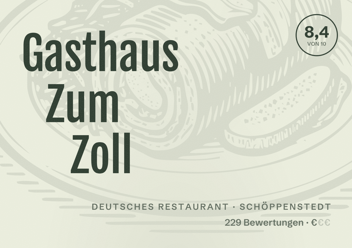 Illustriertes Poster von Gasthaus Zum Zoll, Deutsches Restaurant in Schöppenstedt: Bewertung 8,4 von 10 aus 229 Bewertungen, Preisniveau €