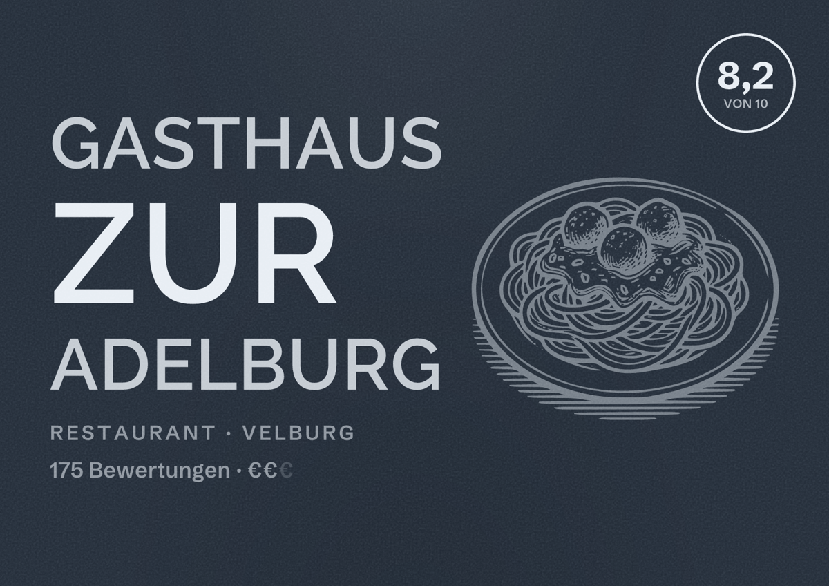 Illustriertes Poster von Gasthaus zur Adelburg, Restaurant in Velburg: Bewertung 8,2 von 10 aus 175 Bewertungen, Preisniveau €€