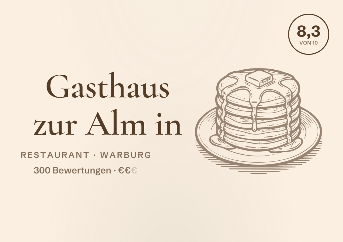 Illustriertes Poster von Gasthaus zur Alm in, Restaurant in Warburg: Bewertung 8,3 von 10 aus 300 Bewertungen, Preisniveau €€