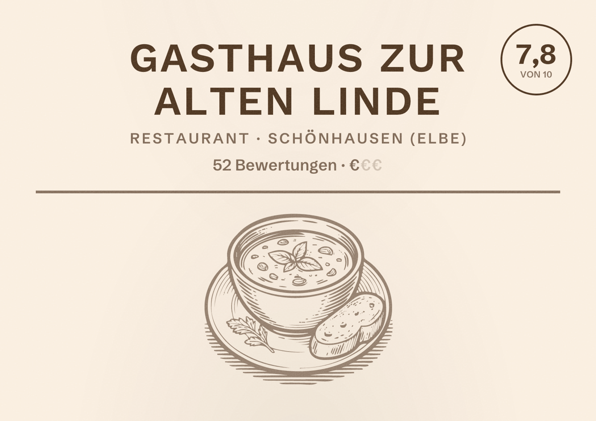 Illustriertes Poster von Gasthaus Zur Alten Linde, Restaurant in Schönhausen (Elbe): Bewertung 7,8 von 10 aus 52 Bewertungen, Preisniveau €