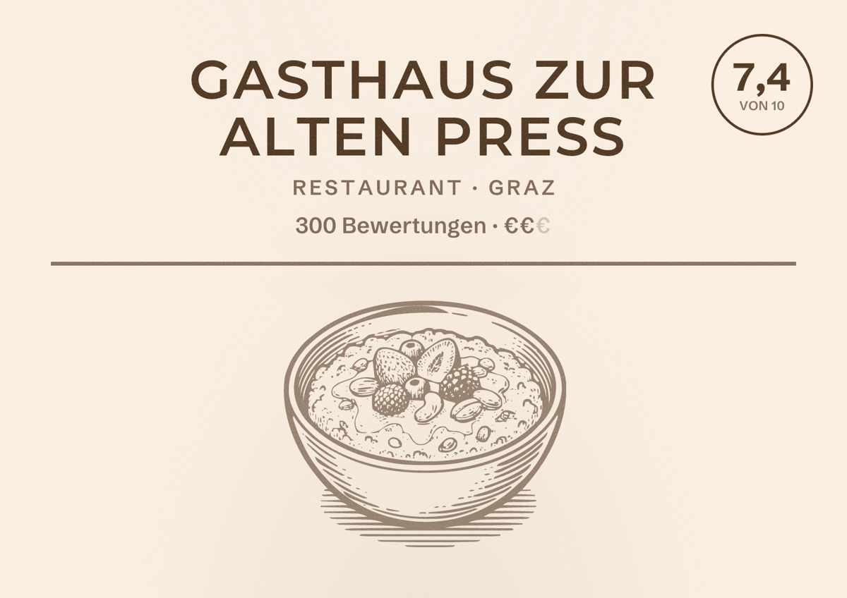 Illustriertes Poster von Gasthaus zur Alten Press, Restaurant in Graz: Bewertung 7,4 von 10 aus 300 Bewertungen, Preisniveau €€