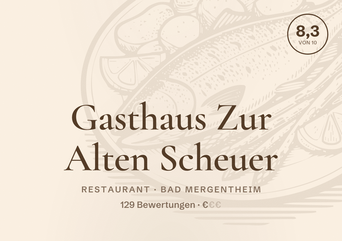 Illustriertes Poster von Gasthaus Zur Alten Scheuer, Restaurant in Bad Mergentheim: Bewertung 8,3 von 10 aus 129 Bewertungen, Preisniveau €